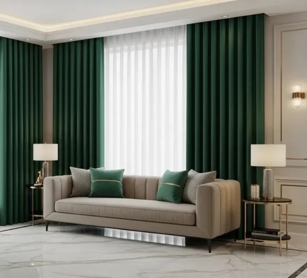 Green soundproof curtain in dubai living room