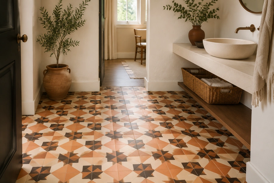 11. Statement Flooring with Bold Patterns & Mixed Materials