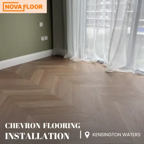 Chevron flooring installation at Kensington Waters, Sobha Hartland, Nad Al Sheba 1