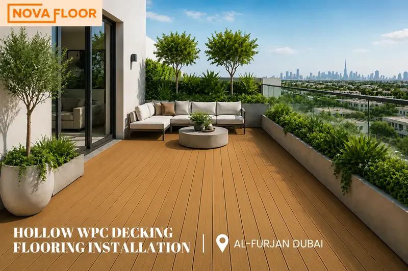 Hollow wpc decking flooring installation at Al-Furjan Dubai