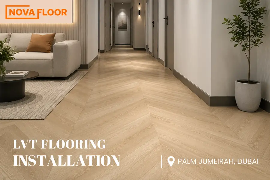 LVT flooring with Chevron pattern installation at Palm Jumeirah, Dubai