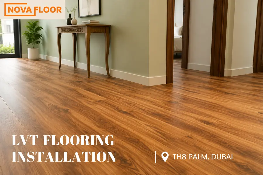 LVT planks with dark wood texture installation at TH8 Palm, Dubai