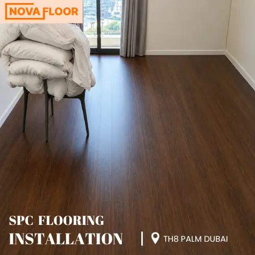 Professional SPC flooring installation at TH8 Palm Dubai Beach Resort