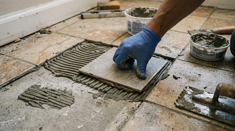 setting a replacement floor tile into fresh thinset mortar