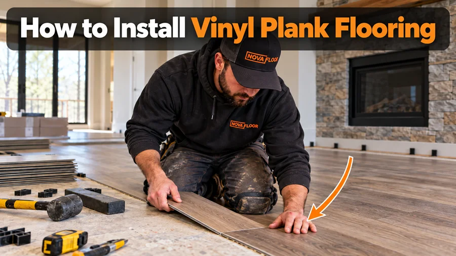 Nova Floor installer clicking a vinyl plank into place during installation