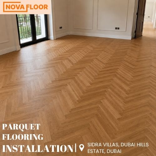 Parquet flooring instllation in a room