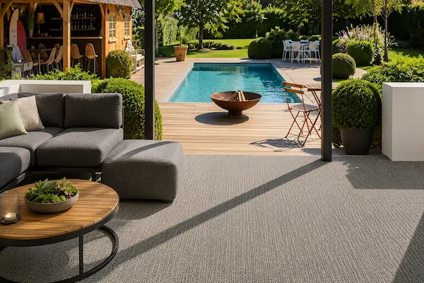 Sunny Modern Patio Overlooking a Garden Pool