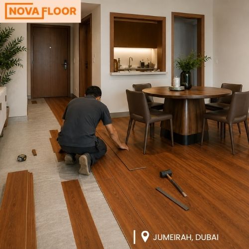 Warm Walnut Wooden Flooring Installation in Jumeirah