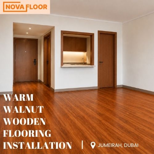 Warm Walnut Wooden Flooring Installation in jumeirah Dubai