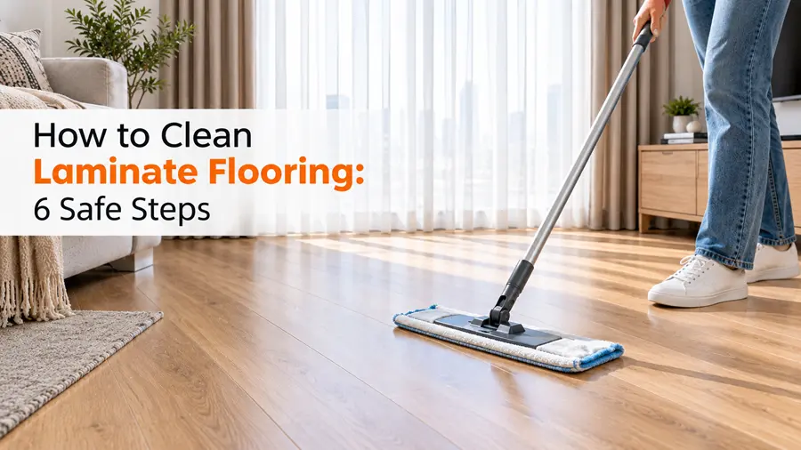 Flat microfiber mop cleaning oak laminate flooring along the planks in a Dubai apartment