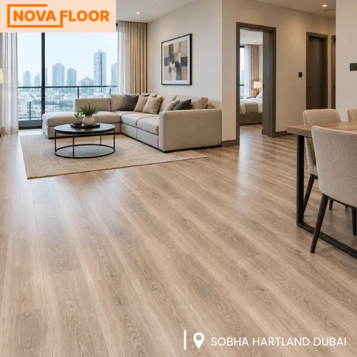 A detailed look at the wood grain texture of the new LVT flooring in the kitchen