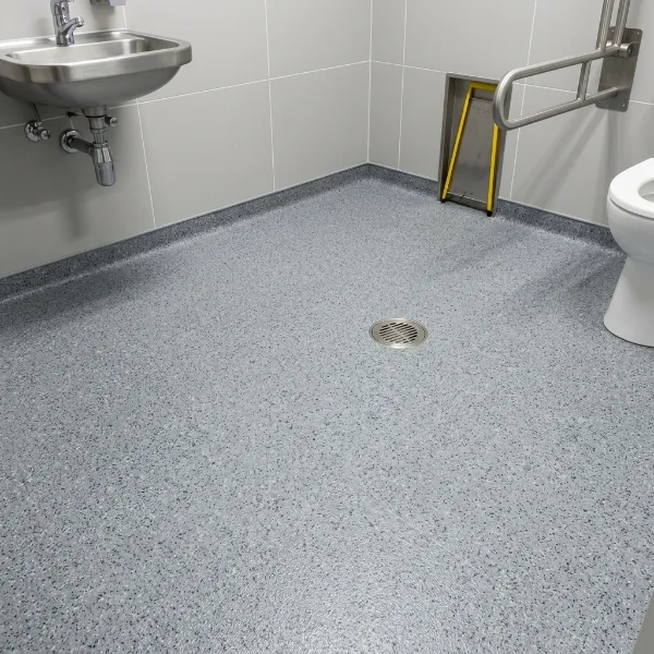 Anti-slip safety vinyl flooring in a hospital washroom