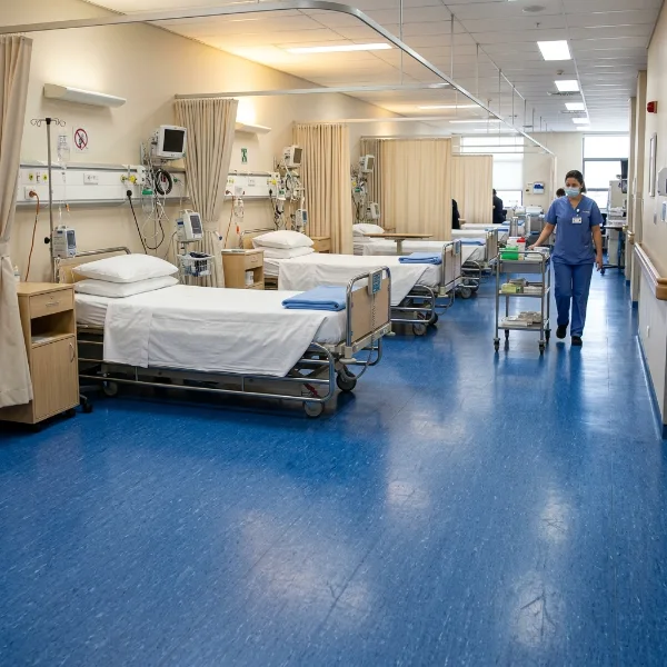 Blue medical vinyl flooring in a hospital patient ward