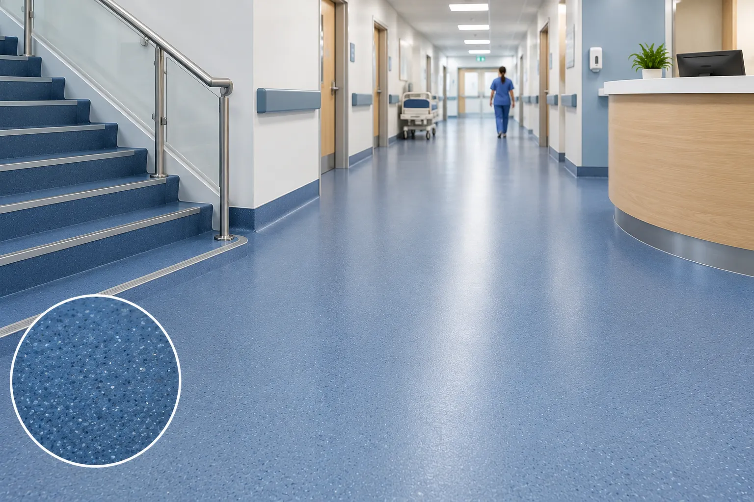 Cushioned rubber that absorbs impact and footstep noise. Suits stairs, corridors and busy staff work areas.