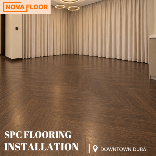 Dark Walnut Herringbone SPC Flooring Installation in a Luxury Downtown Dubai Apartment
