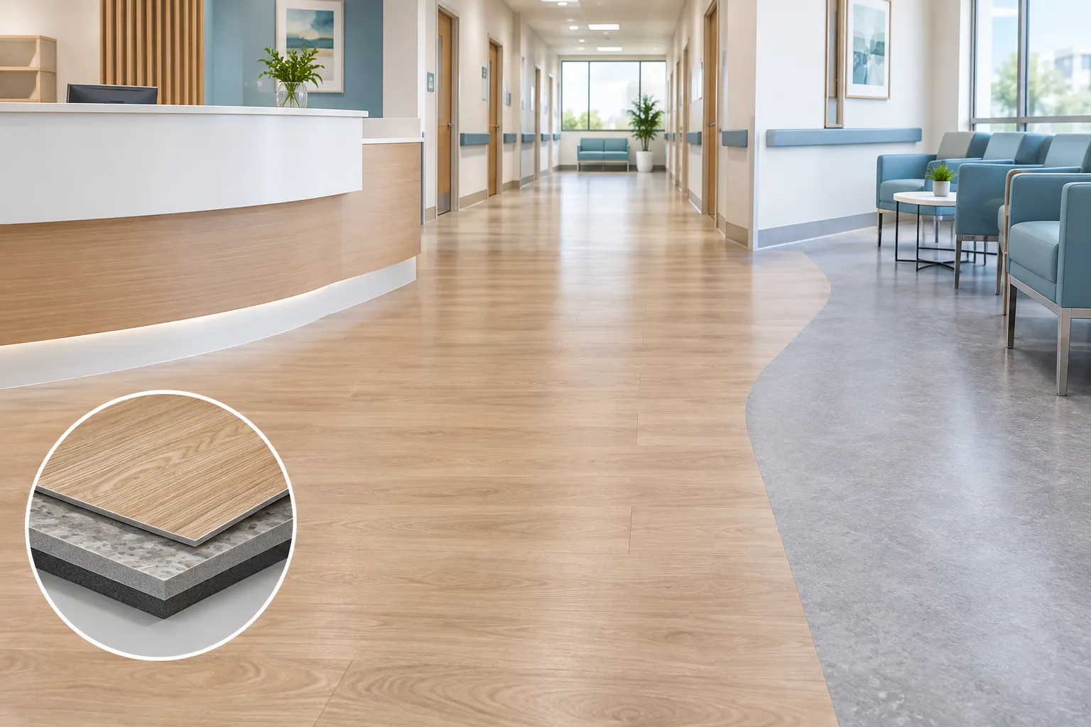 Heterogeneous vinyl flooring with wood and stone designs in a modern hospital reception and waiting area.