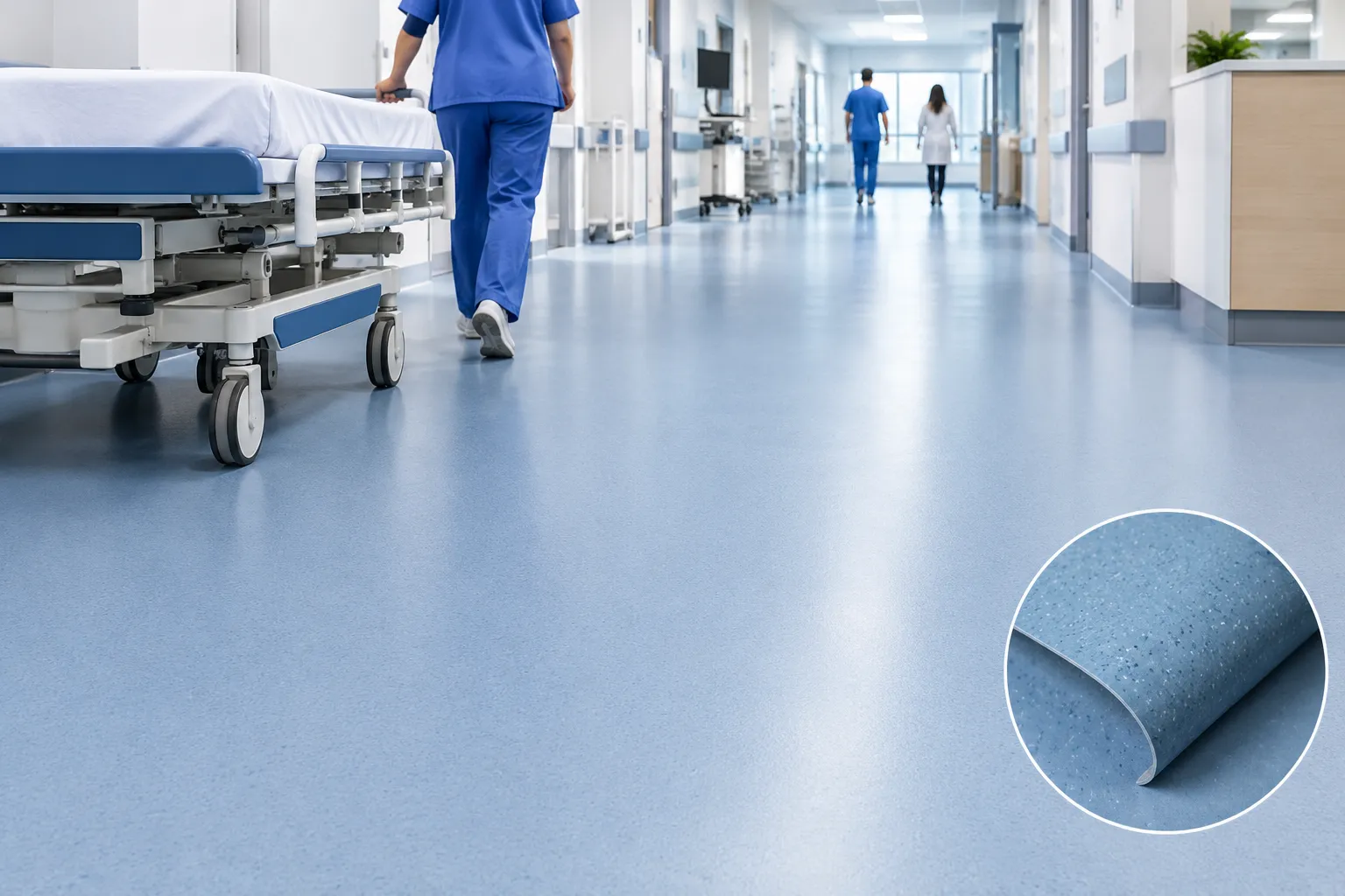Homogeneous vinyl sheet flooring in a hospital corridor with medical trolley