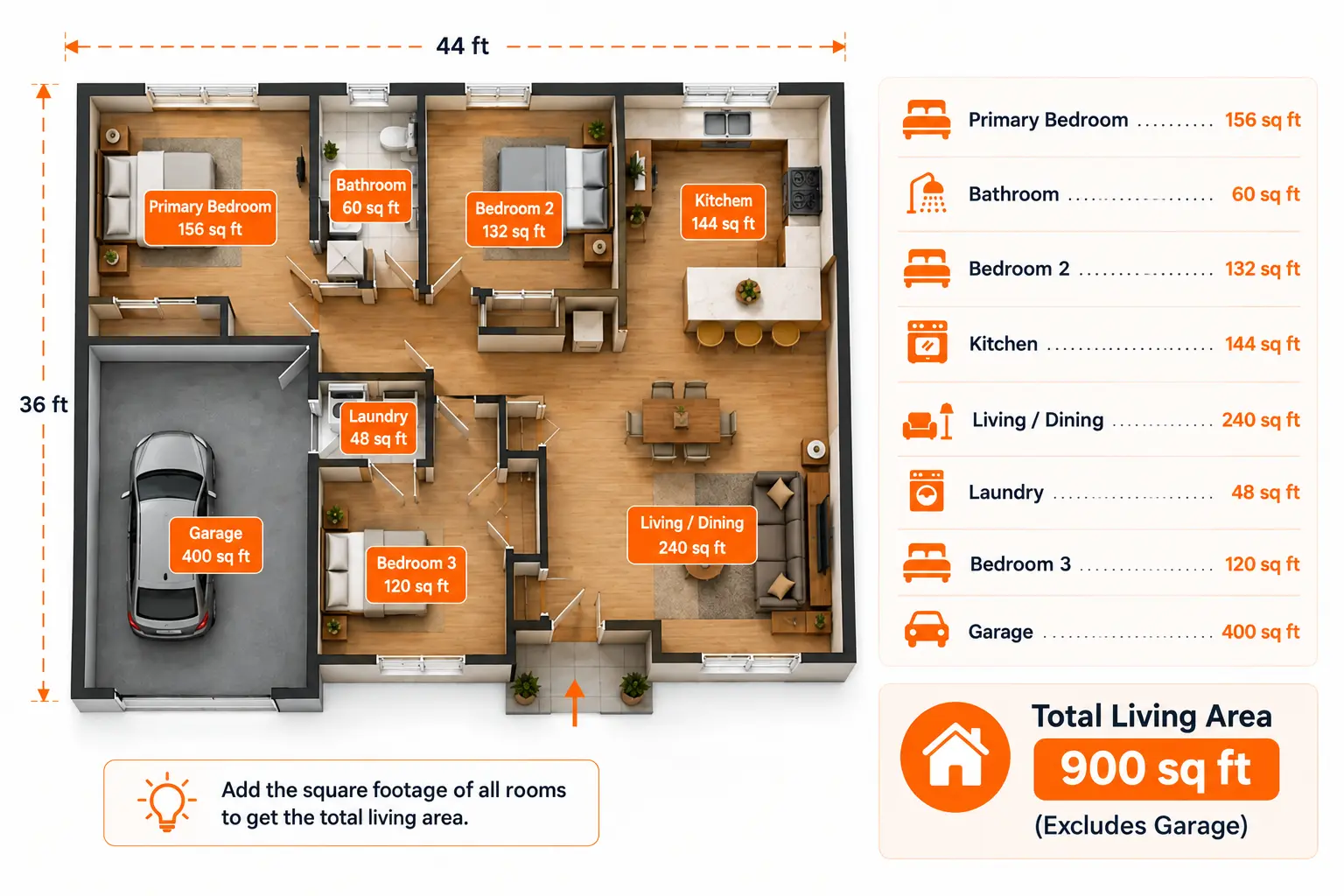 House floor plan with room areas adding up to 900 square feet of living space