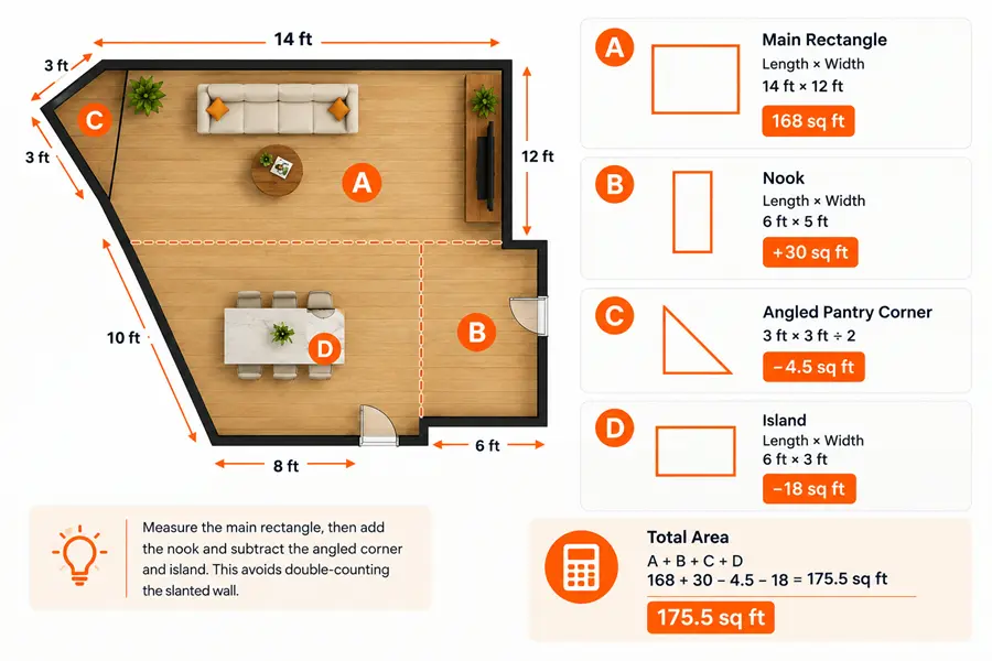 Irregular kitchen split into rectangles and a triangle totalling 175.5 square feet