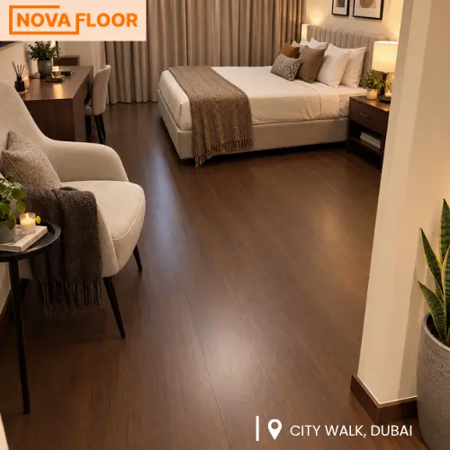 Modern bedroom with warm walnut brown wood-look SPC flooring