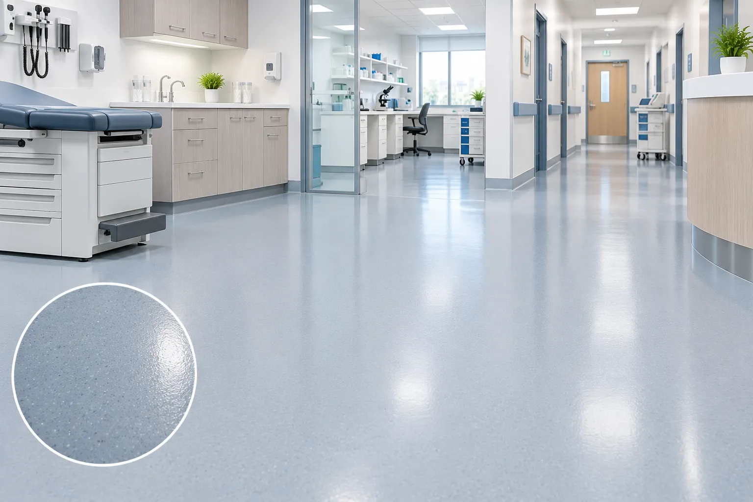 PUR-coated medical vinyl flooring in a clean clinic and laboratory with a durable, easy-maintenance surface.