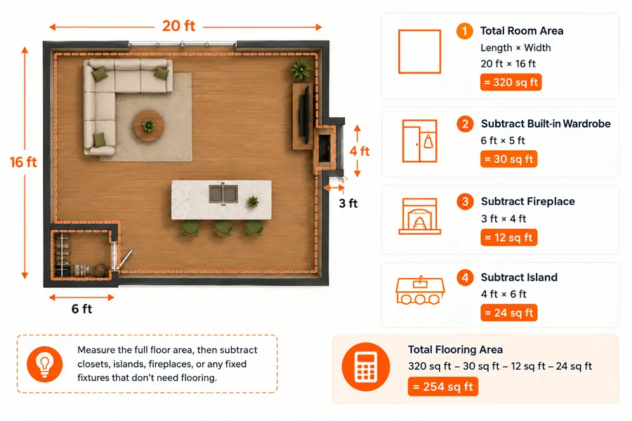 Room 20 by 16 feet minus built-in wardrobe, fireplace and island equals 254 square feet of flooring