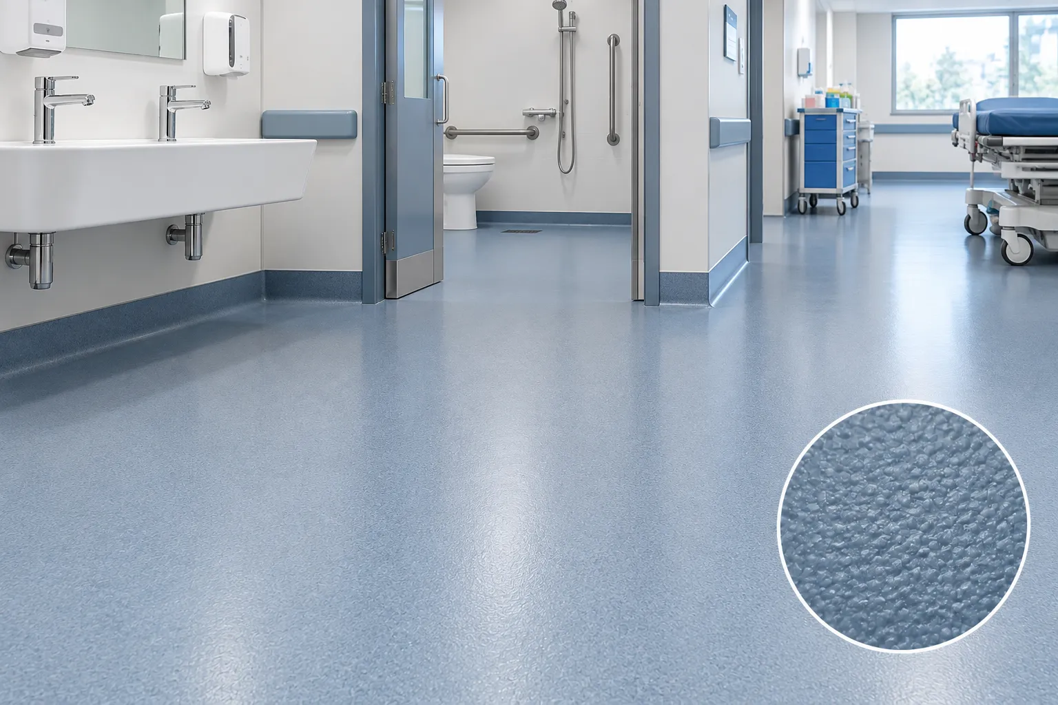 Safety vinyl flooring in a clean hospital corridor and washroom with textured slip-resistant surface.