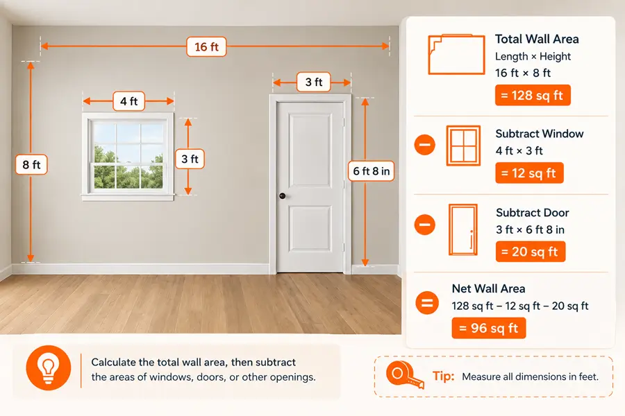 Wall 16 by 8 feet minus a 4 by 3 foot window and a 3 foot by 6 foot 8 inch door equals 96 square feet