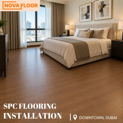 Warm Walnut Brown SPC Flooring Installation at Downtown Dubai
