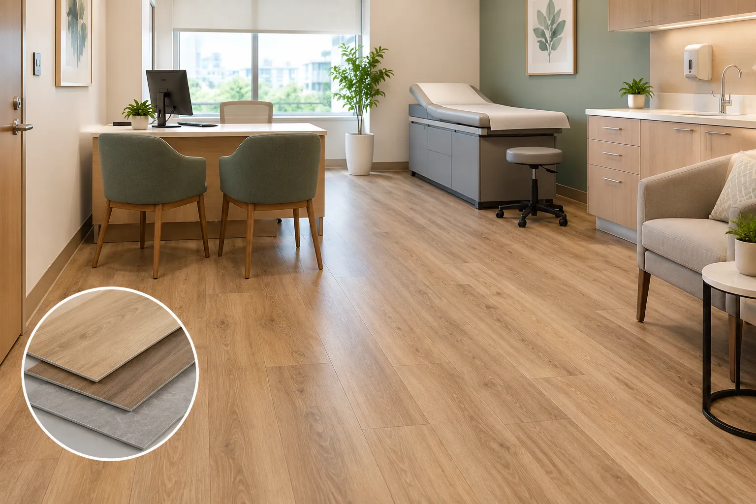 Warm wood-look LVT flooring in a modern hospital consultation room with a close-up of wood and stone-look vinyl tiles.