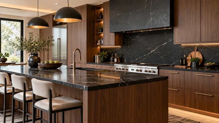 Matte black backsplash with white kitchen cabinets