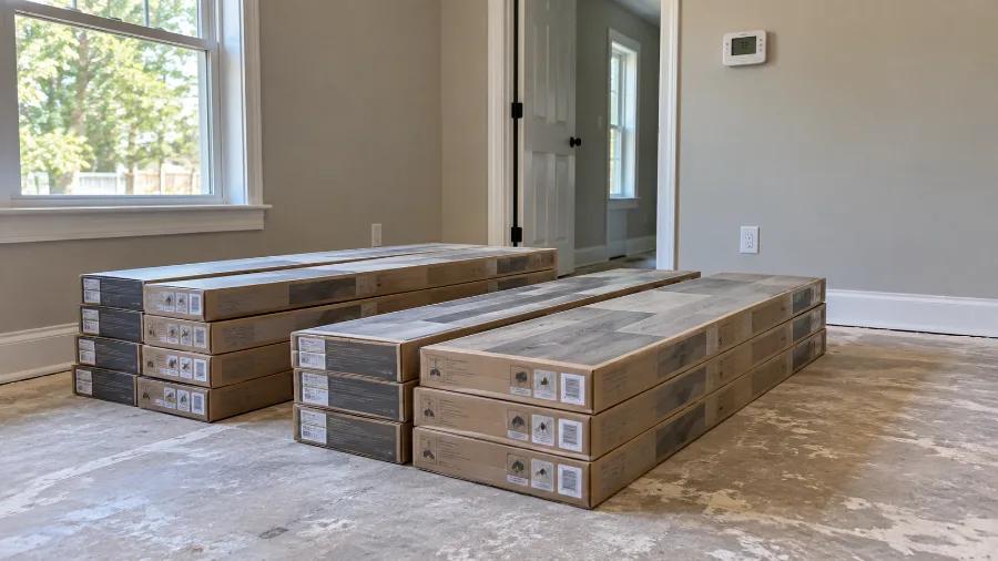 Vinyl plank boxes stacked flat to acclimate in the installation room