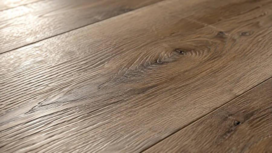 Embossed-in-register texture on a vinyl plank under raking light