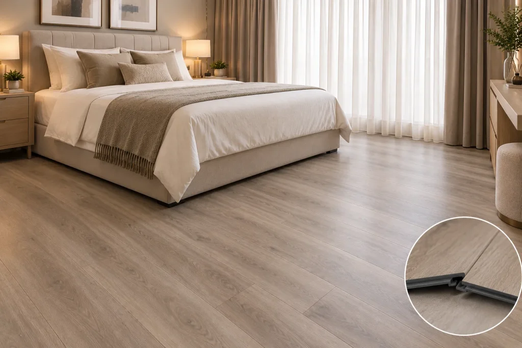 Beige-grey vinyl click flooring installation in a modern bedroom, featuring realistic wood grain, interlocking click-lock plank details, and elegant neutral interiors by the Nova Floor team.