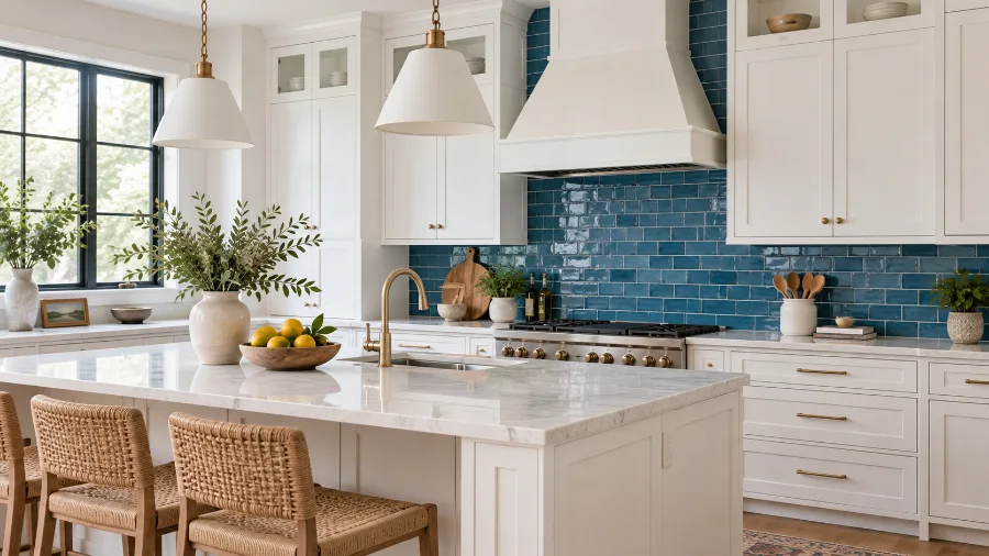 Blue tile backsplash against white kitchen cabinets