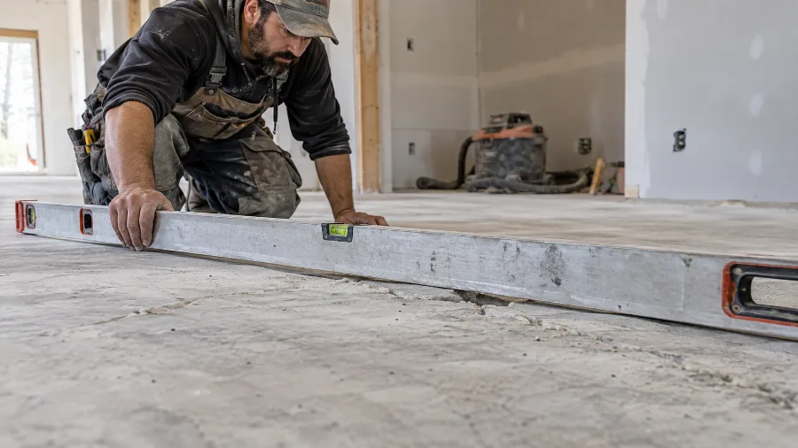 Installer checking subfloor flatness with a straightedge before vinyl installation