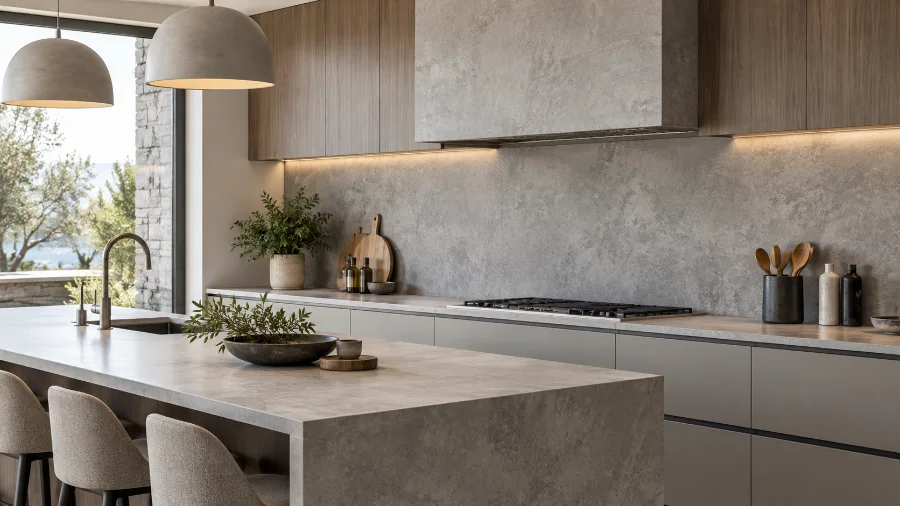 Matte concrete-look porcelain backsplash in a modern kitchen