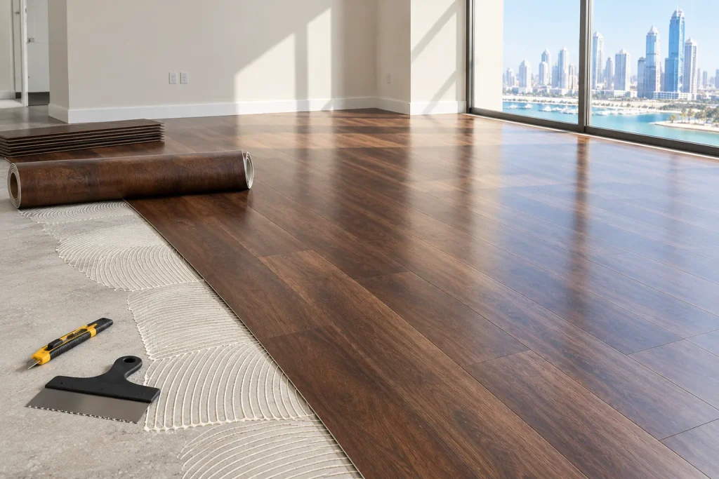 Dark brown vinyl sheet flooring installation in a modern Dubai apartment.