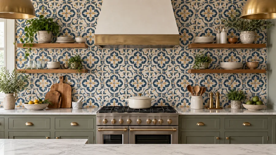 Patterned backsplash tiles above a plain kitchen countertop