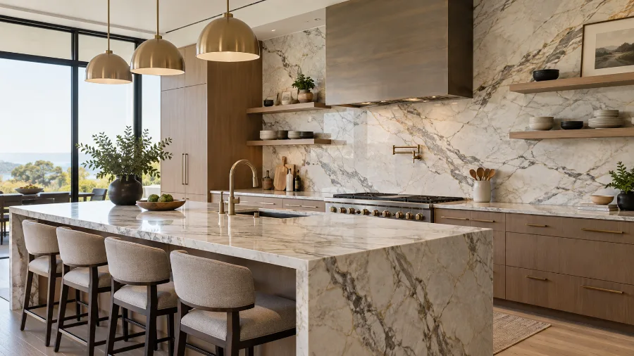 Full-height stone slab backsplash continuing above a matching countertop