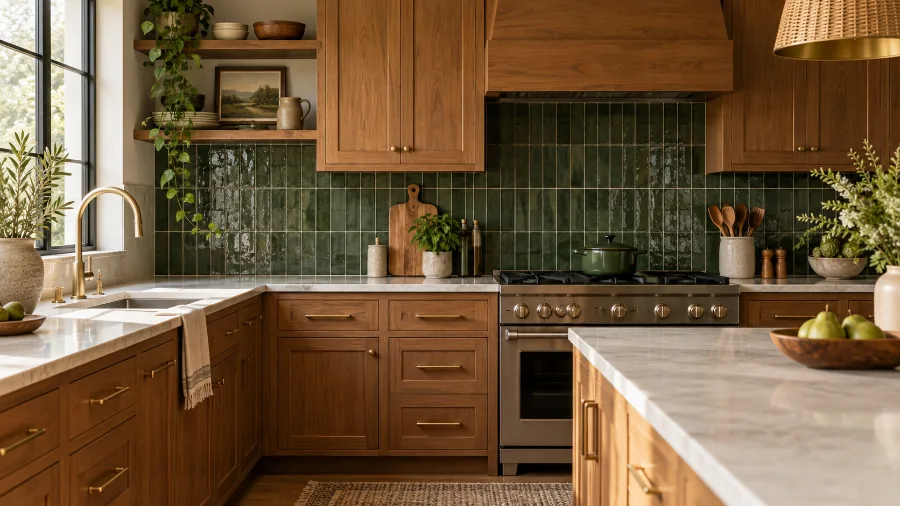 Sage green tile backsplash paired with natural wood cabinets