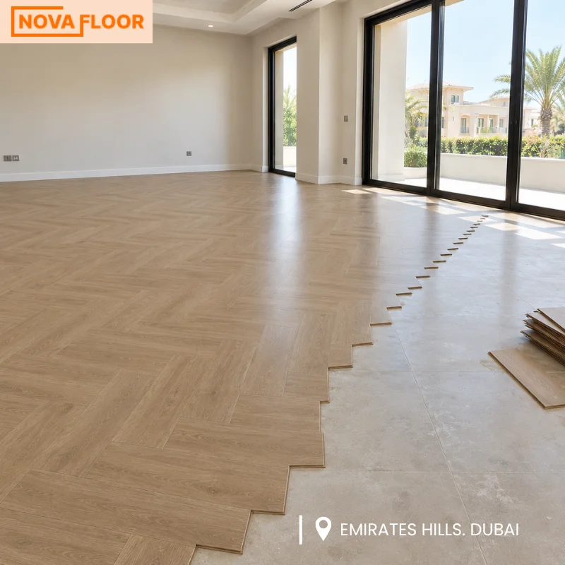 Herringbone SPC Flooring Installation in Emirates Hills, Dubai UAE