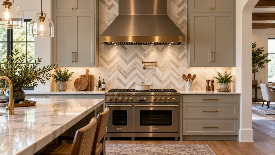 Herringbone tile backsplash behind a kitchen range