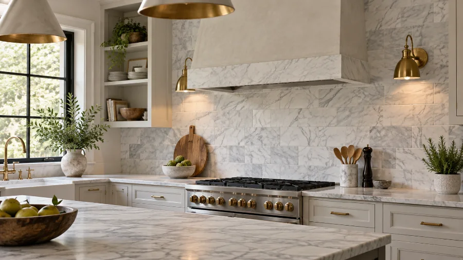 Honed marble tile backsplash with soft gray veining