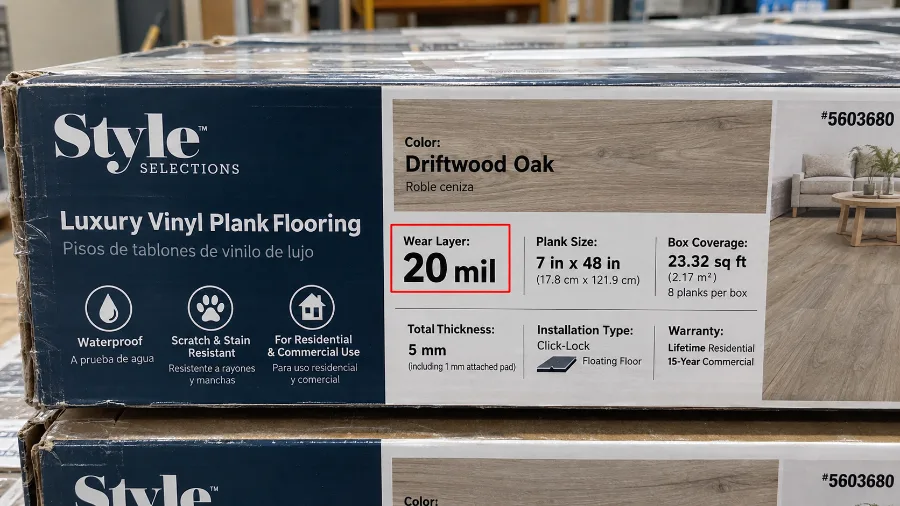 Vinyl plank box label showing wear layer thickness in mil and mm