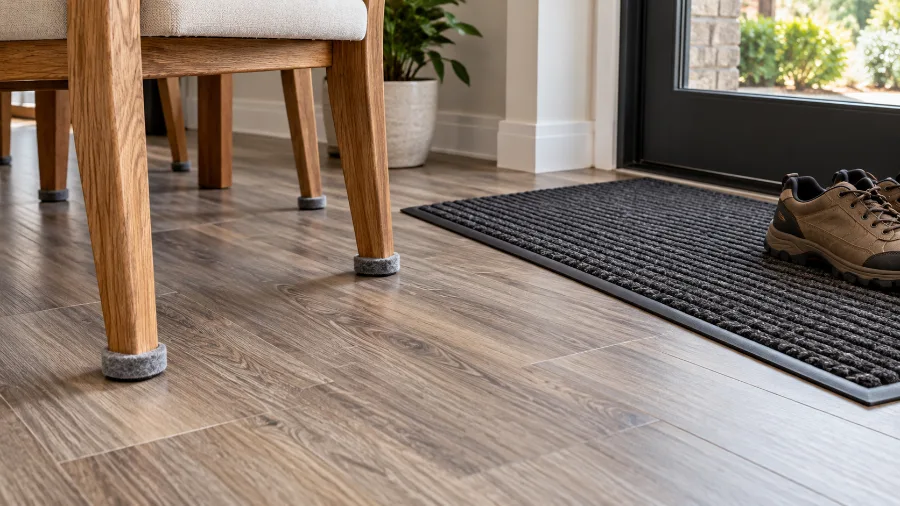 Felt pads under furniture legs to protect vinyl plank flooring