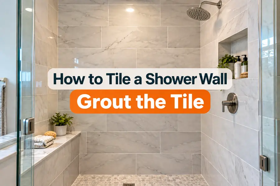 finished DIY tiled shower wall with straight grout lines