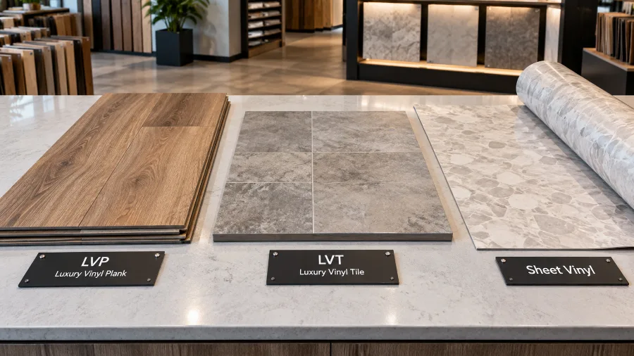 Vinyl plank, vinyl tile, and sheet vinyl samples compared side by side