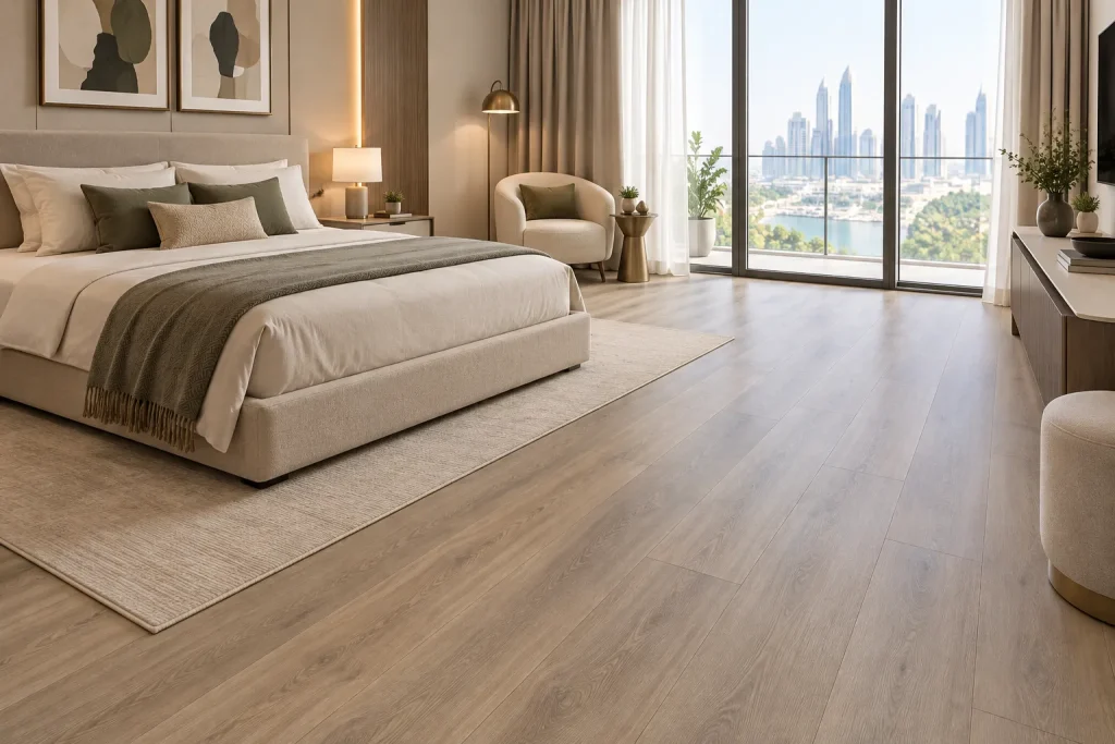 Light grey-brown ash wood-look LVT flooring in a modern luxury bedroom in Dubai, installed by the Nova Floor team with a natural wood grain finish.