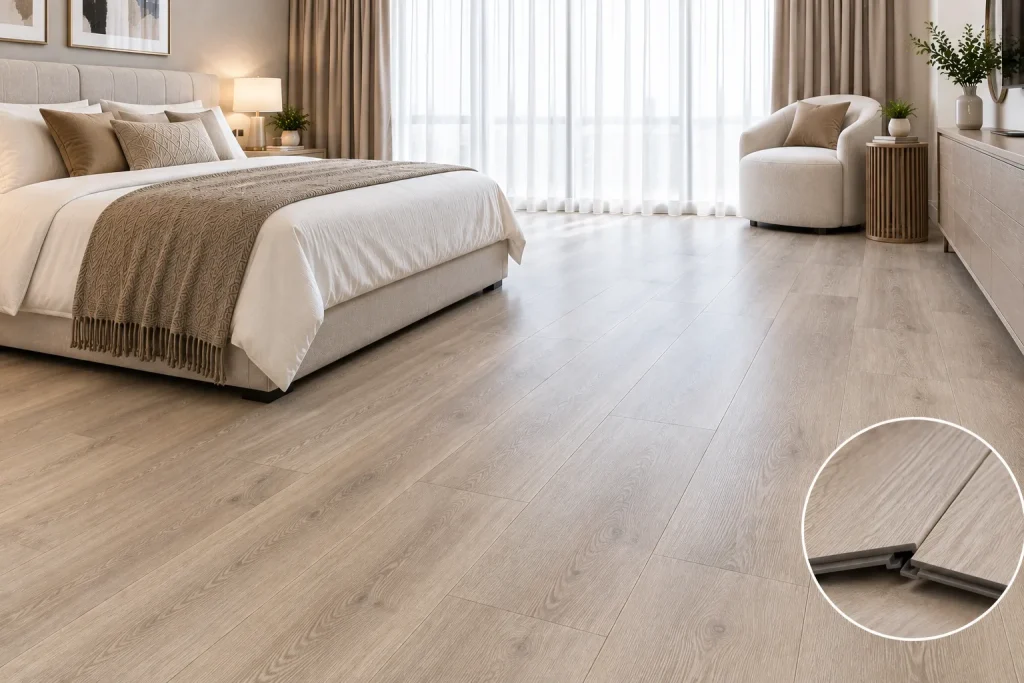 Light oak vinyl flooring Dubai in a modern bedroom